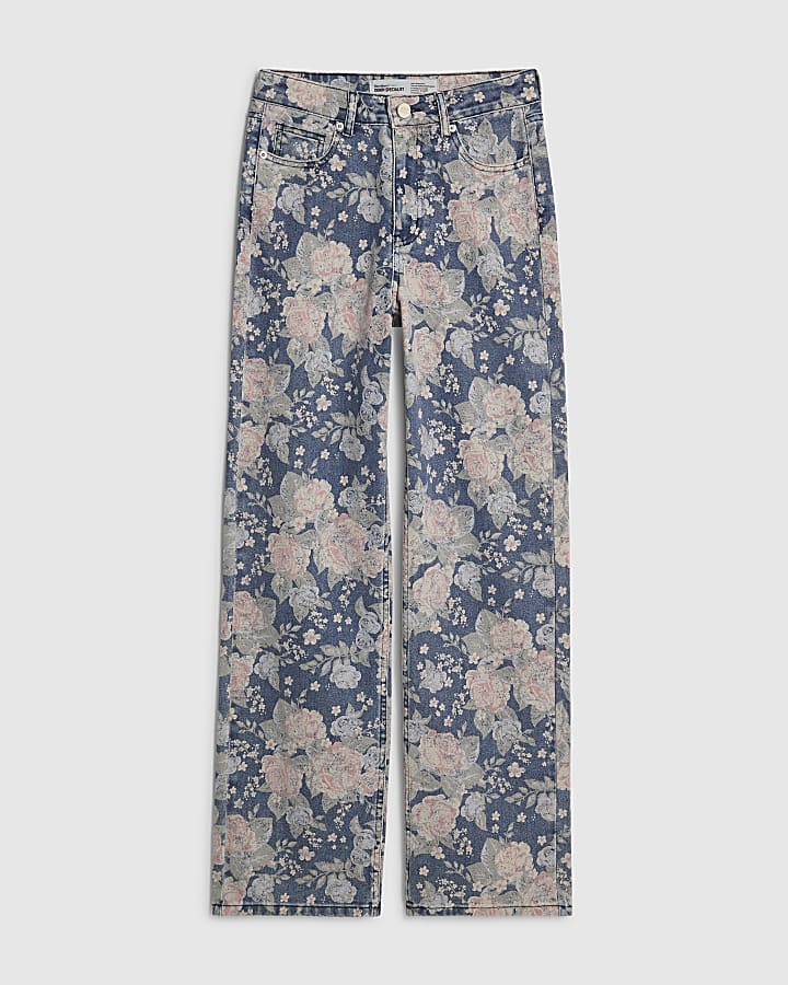 Blue Floral Relaxed Straight Jeans
