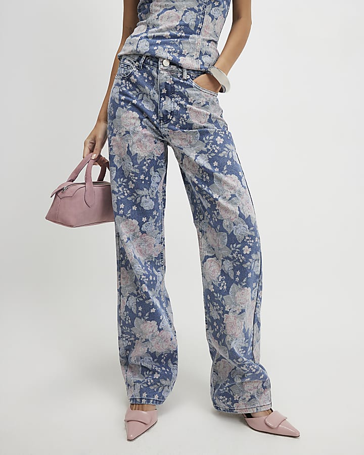 Blue Floral Relaxed Straight Jeans