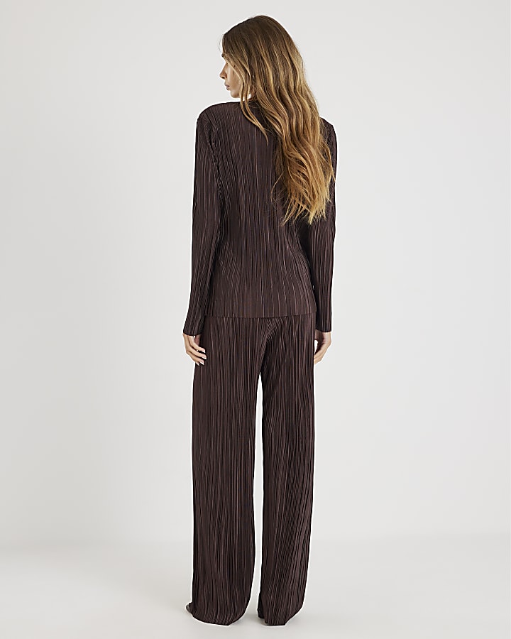 Brown Plisse Wide Leg Trousers