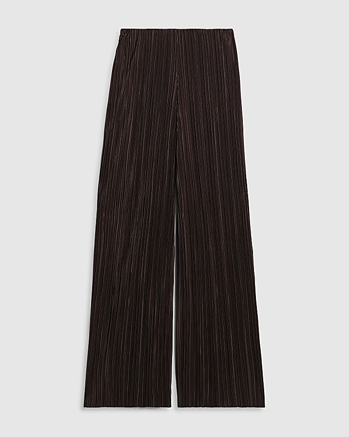 Brown Plisse Wide Leg Trousers