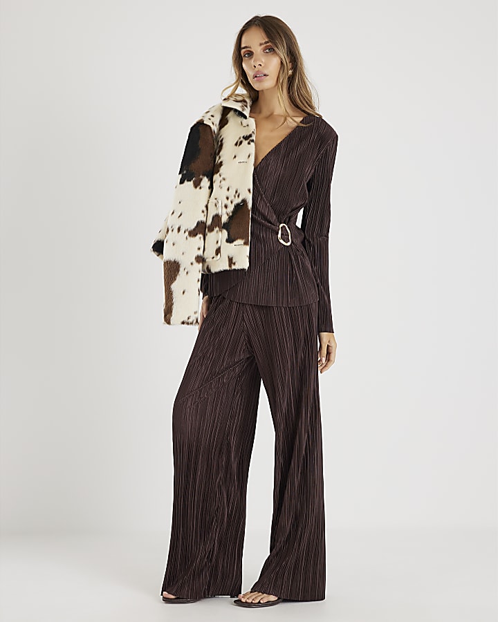 Brown Plisse Wide Leg Trousers