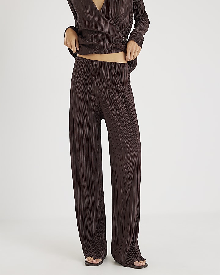 Brown Plisse Wide Leg Trousers