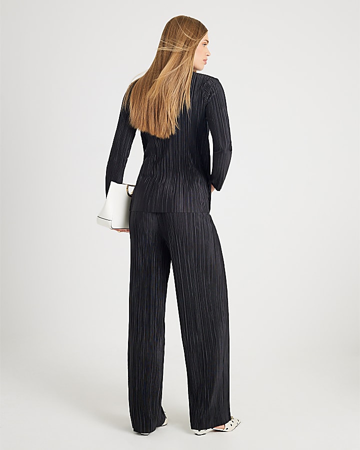 Black Plisse Wide Leg Trousers