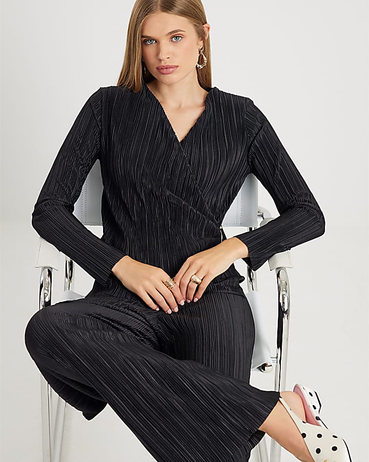 Black Plisse Wide Leg Trousers
