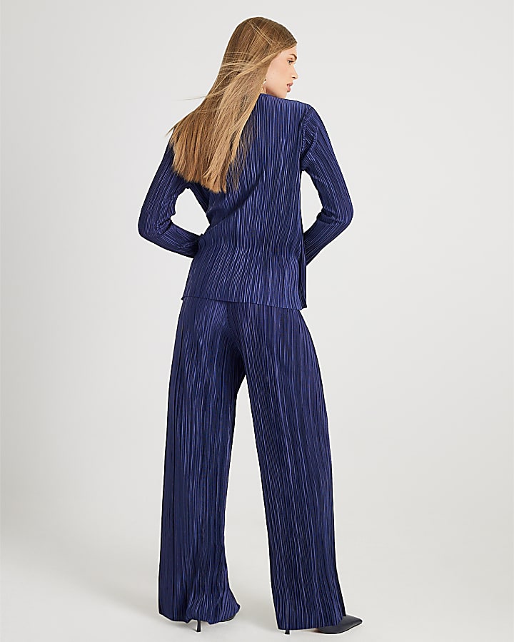 Navy Plisse Wide Leg Trousers