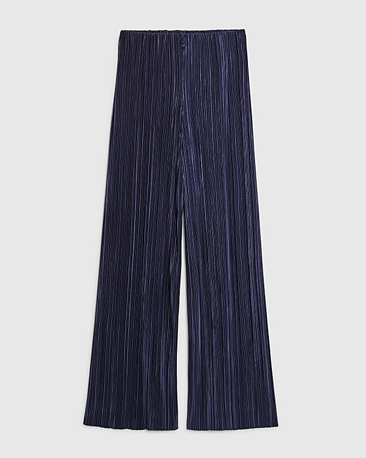 Navy Plisse Wide Leg Trousers