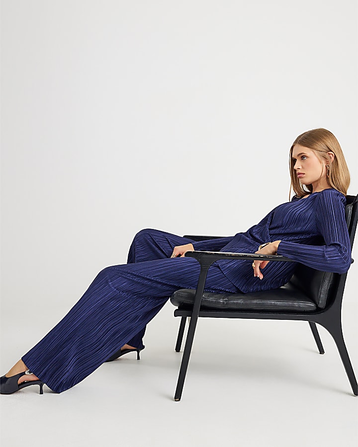 Navy Plisse Wide Leg Trousers
