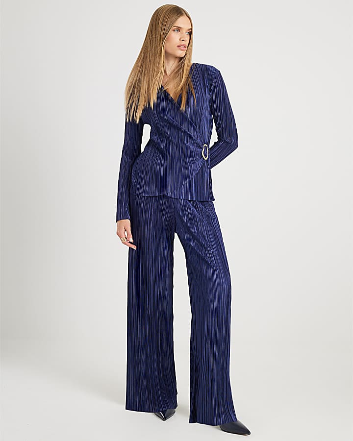 Navy Plisse Wide Leg Trousers