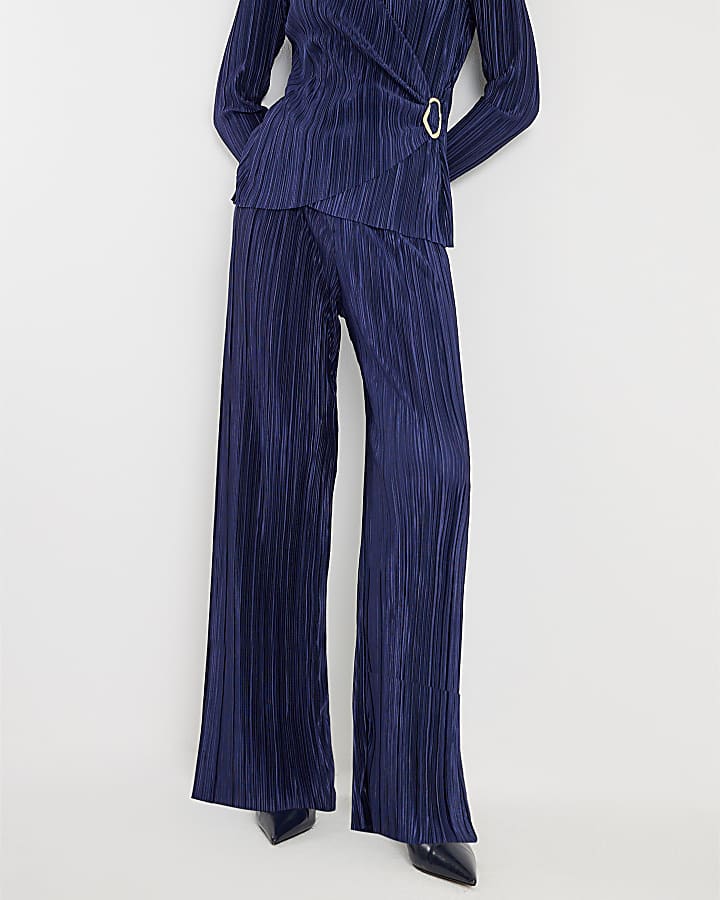 Navy Plisse Wide Leg Trousers