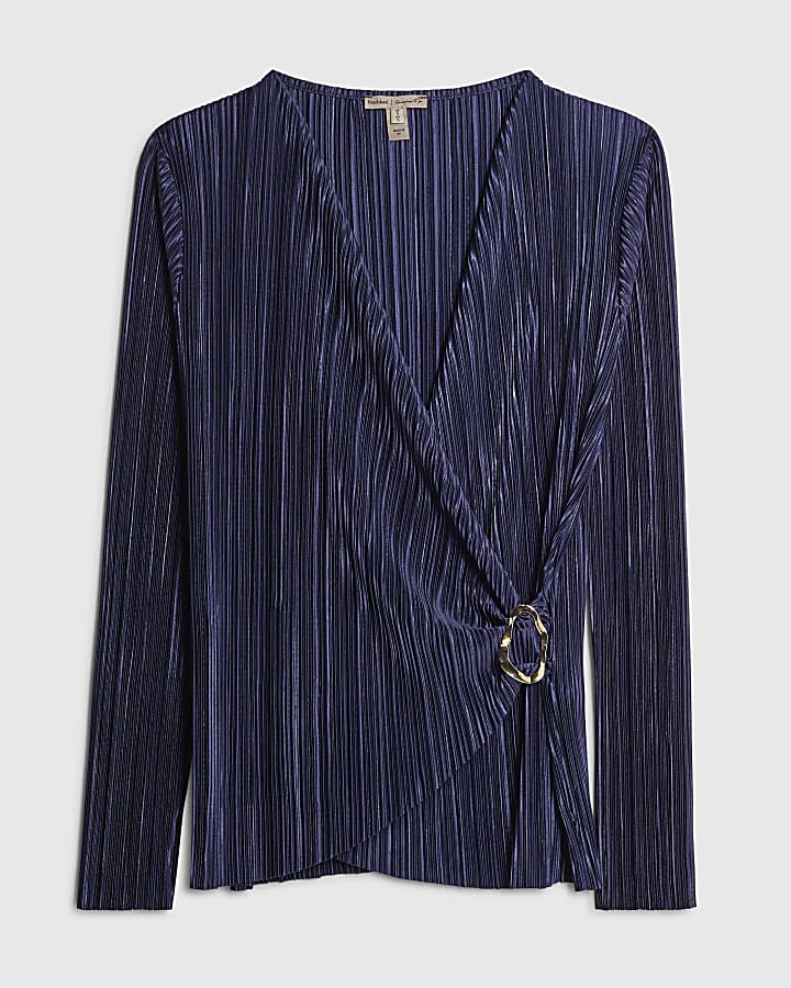 Navy Plisse Trim Long Sleeve Top