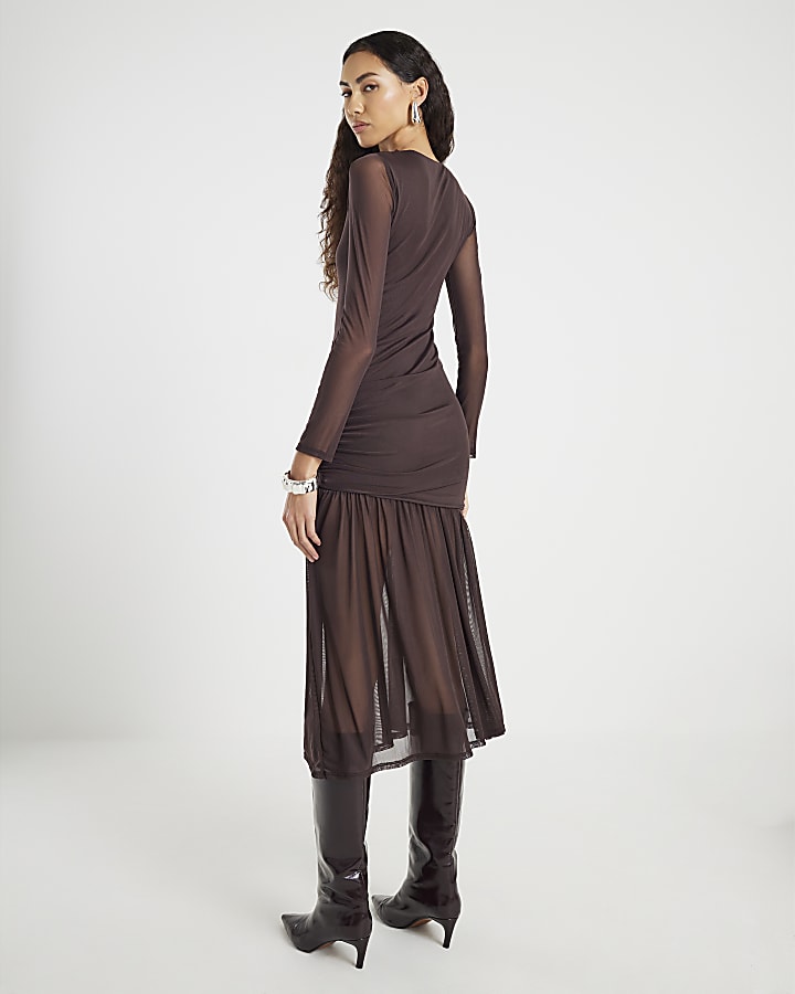 Brown Mesh Long Sleeve Ruched Maxi Dress