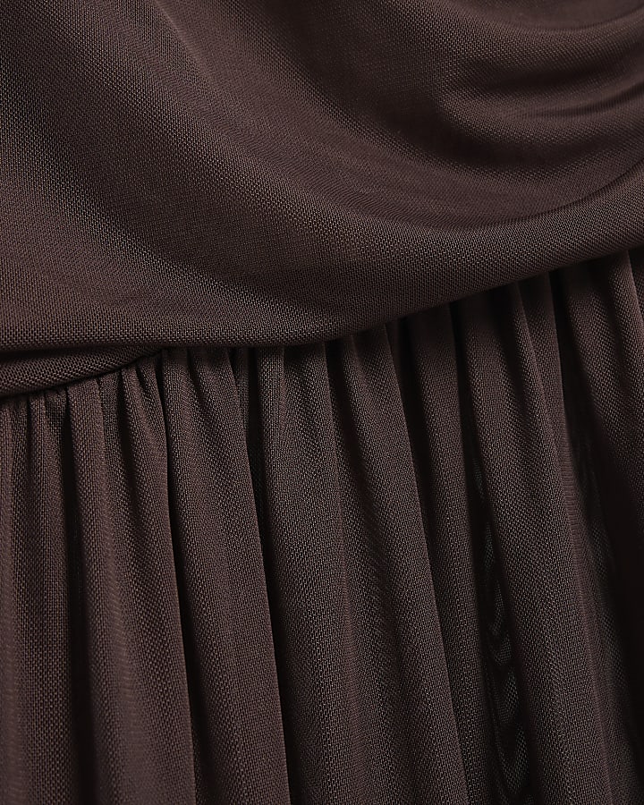 Brown Mesh Long Sleeve Ruched Maxi Dress