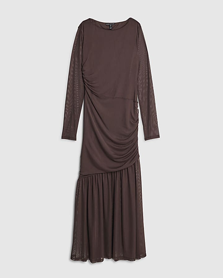 Brown Mesh Long Sleeve Ruched Maxi Dress