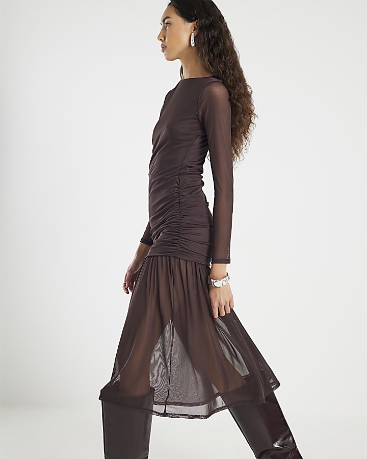 Brown Mesh Long Sleeve Ruched Maxi Dress
