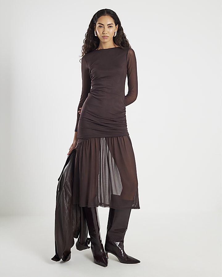 Brown Mesh Long Sleeve Ruched Maxi Dress