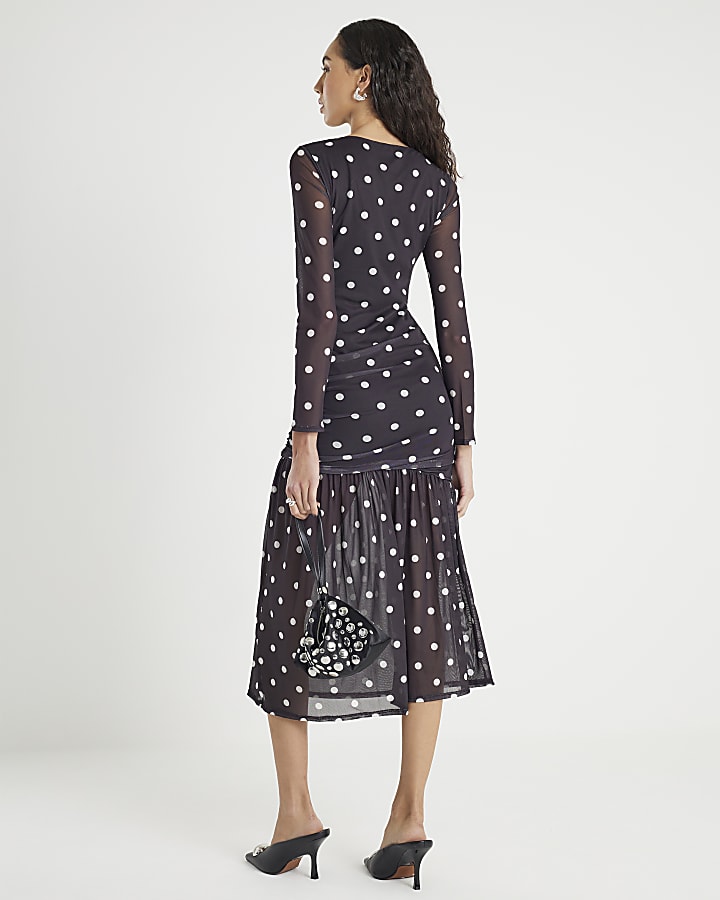 Black Ruched Spot Mesh Midi Dress