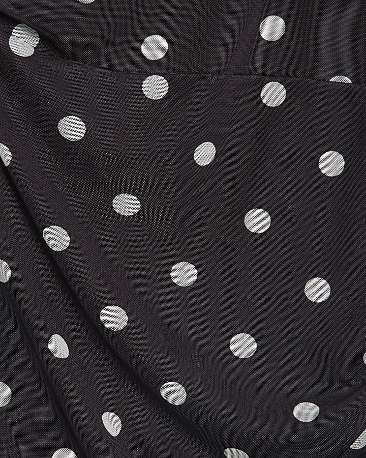 Black Ruched Spot Mesh Midi Dress