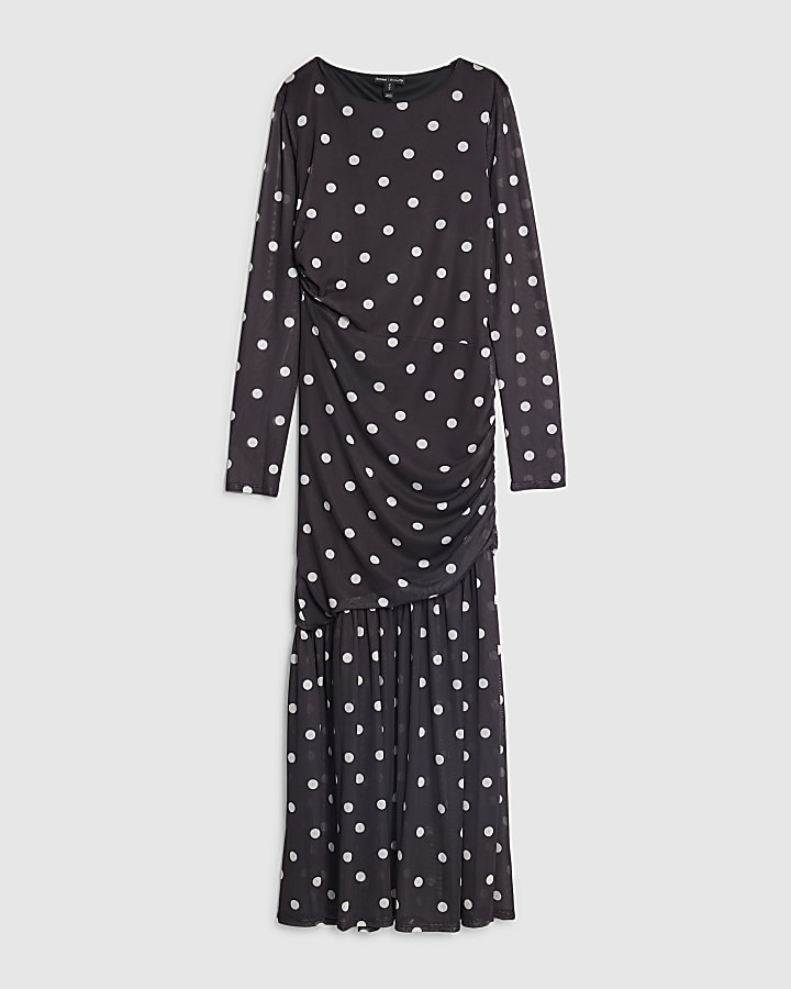 Black Ruched Spot Mesh Midi Dress