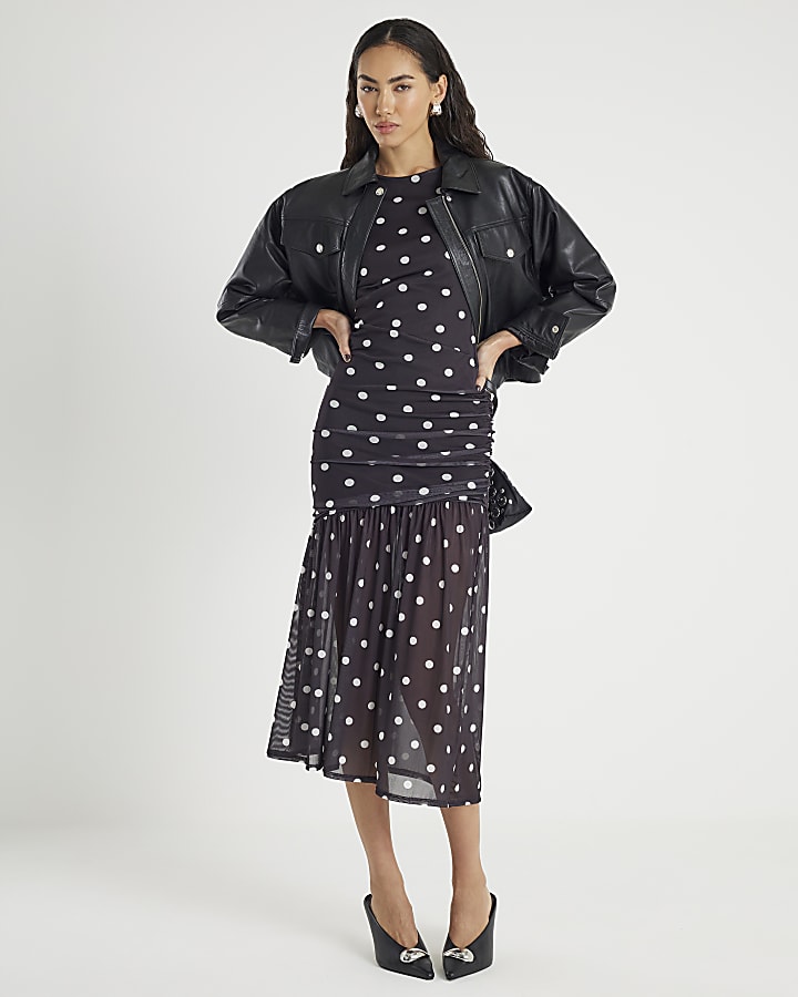 Black Ruched Spot Mesh Midi Dress