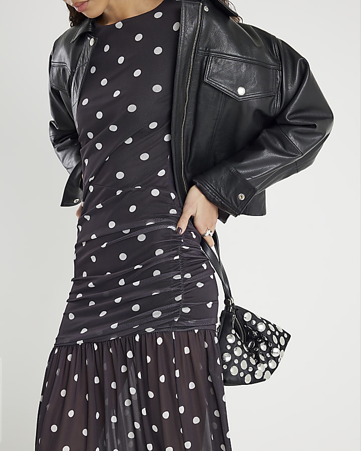 Black Ruched Spot Mesh Midi Dress
