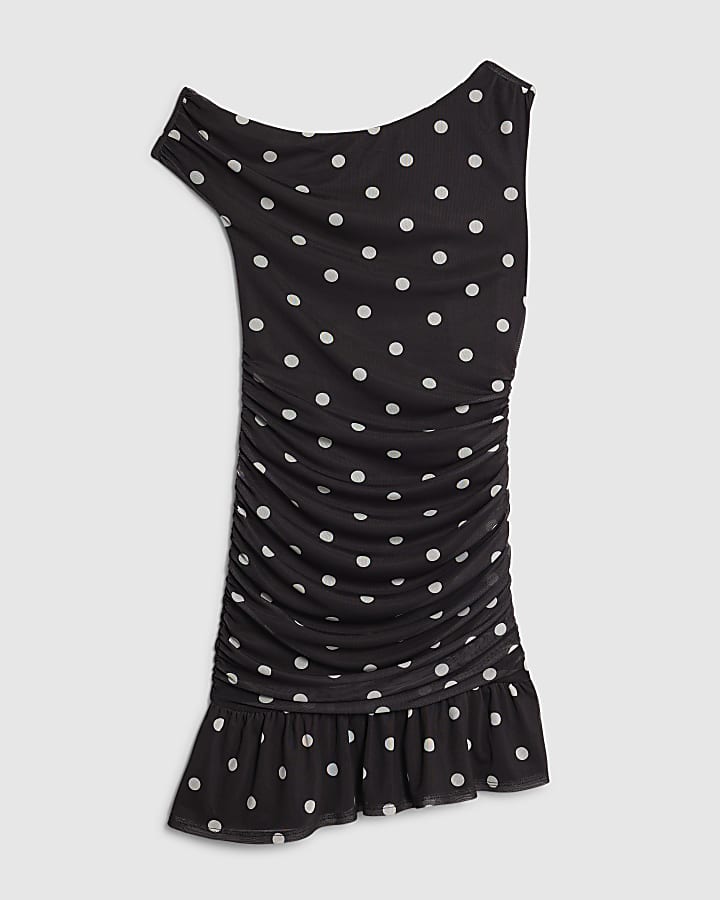 Black Mesh Spot Print Drape Mini Dress