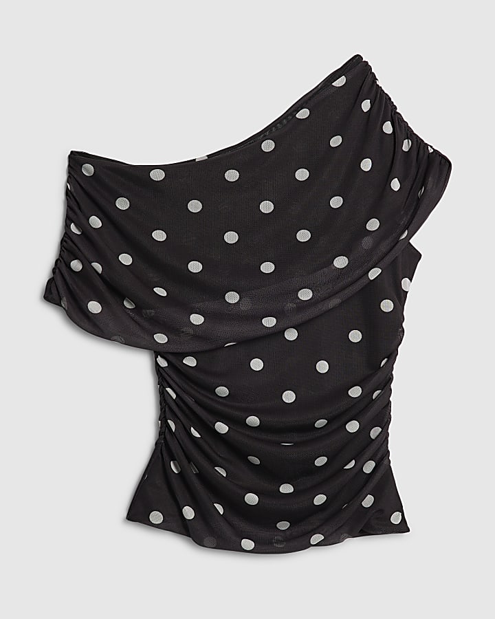Black Mesh Spot Print Drape Top