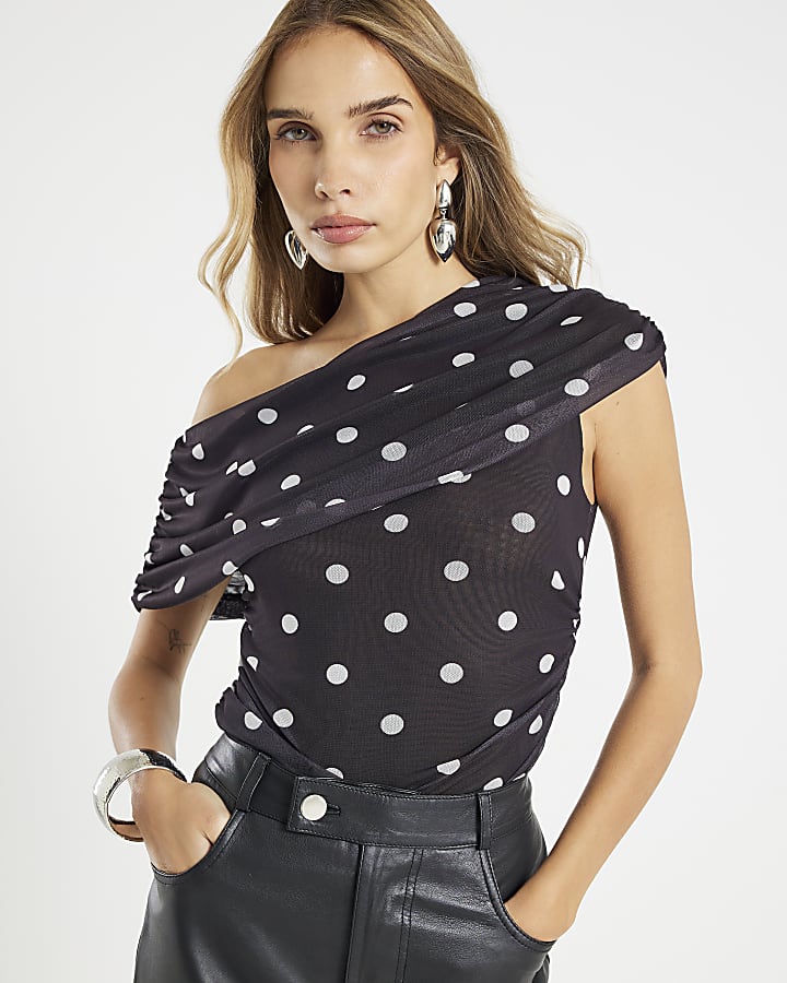Black Mesh Spot Print Drape Top