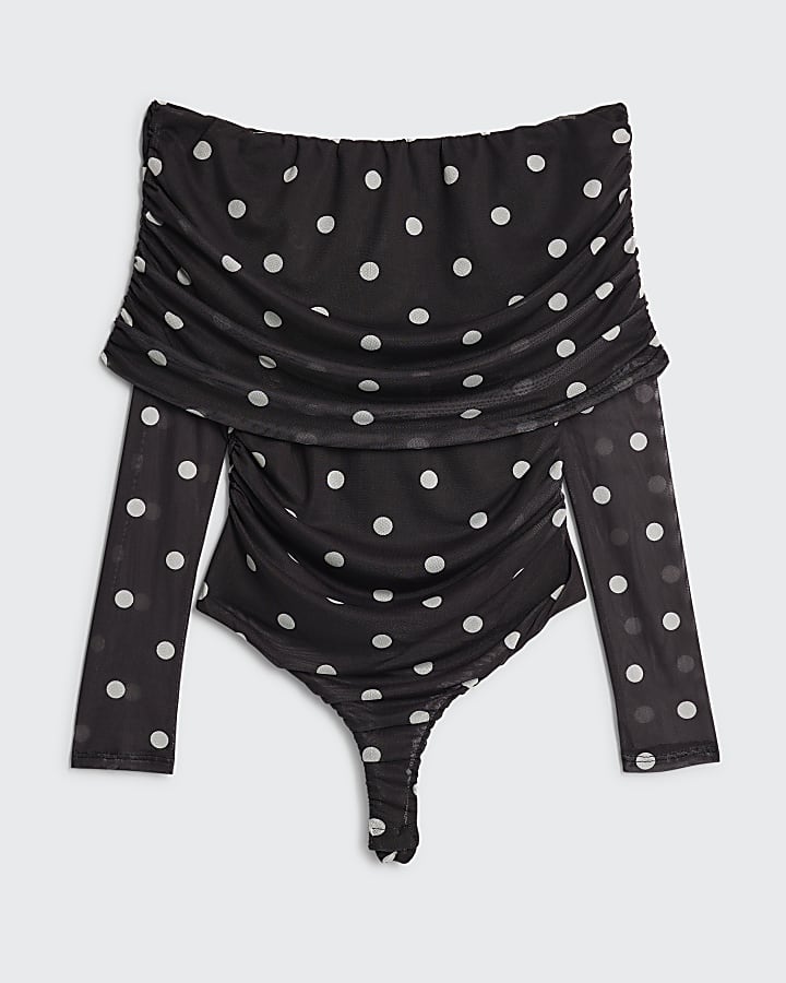 Black Mesh Spot Print Bardot Bodysuit