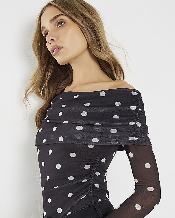 Black Mesh Spot Print Bardot Bodysuit