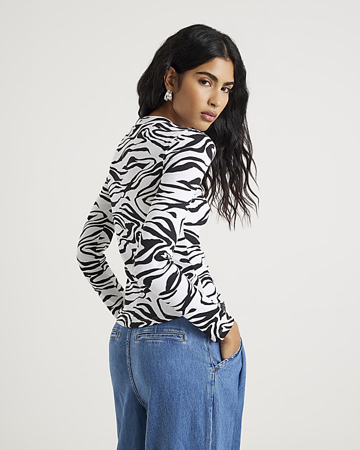 Black Long Sleeve Ribbed Zebra Print Top
