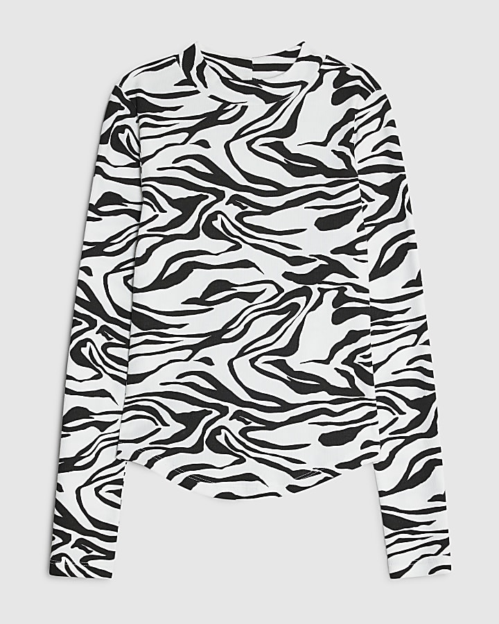 Black Long Sleeve Ribbed Zebra Print Top