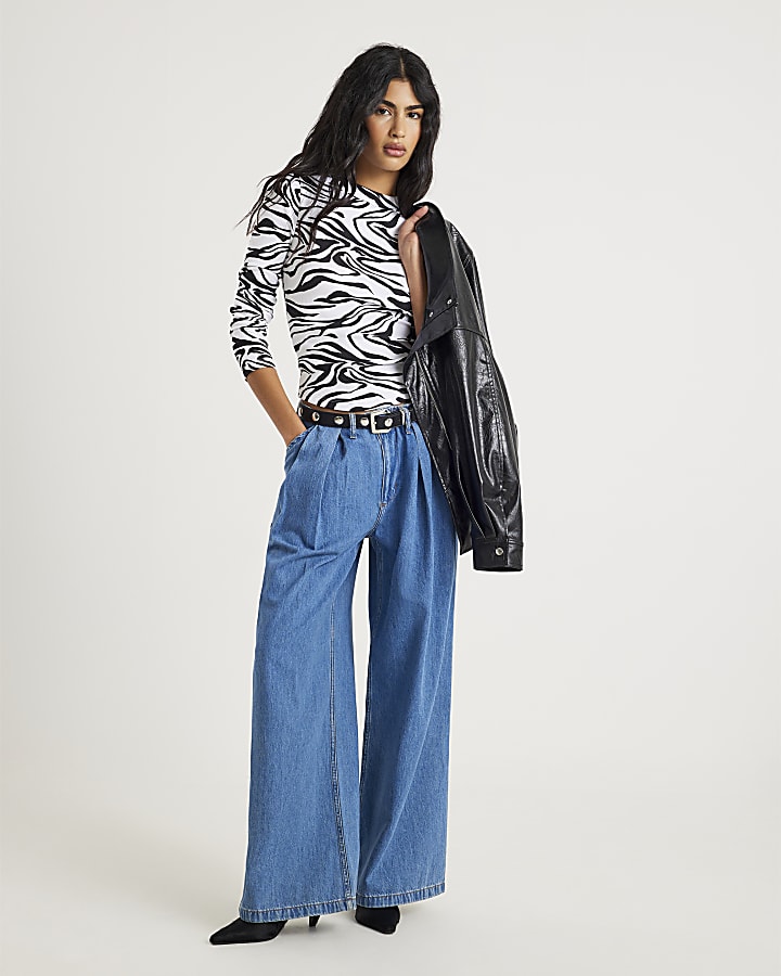 Black Long Sleeve Ribbed Zebra Print Top