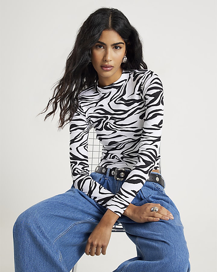 Black Long Sleeve Ribbed Zebra Print Top
