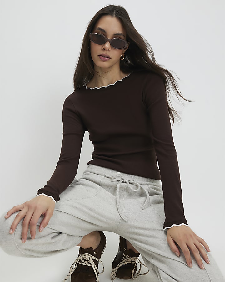 Brown Scallop Trim Top