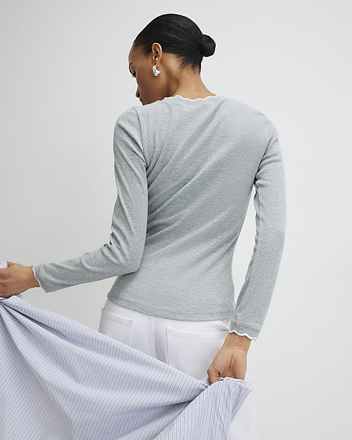 Grey Scallop Trim Long Sleeve T-Shirt