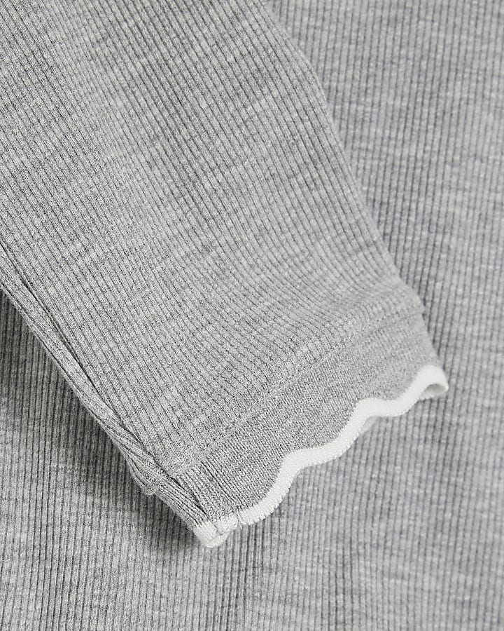 Grey Scallop Trim Long Sleeve T-Shirt
