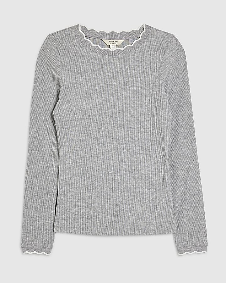 Grey Scallop Trim Long Sleeve T-Shirt