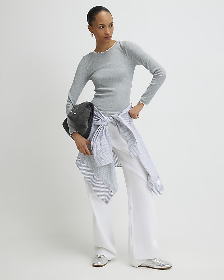 Grey Scallop Trim Long Sleeve T-Shirt