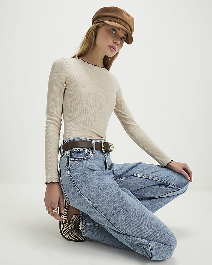 Beige Scallop Trim Long Sleeve Top