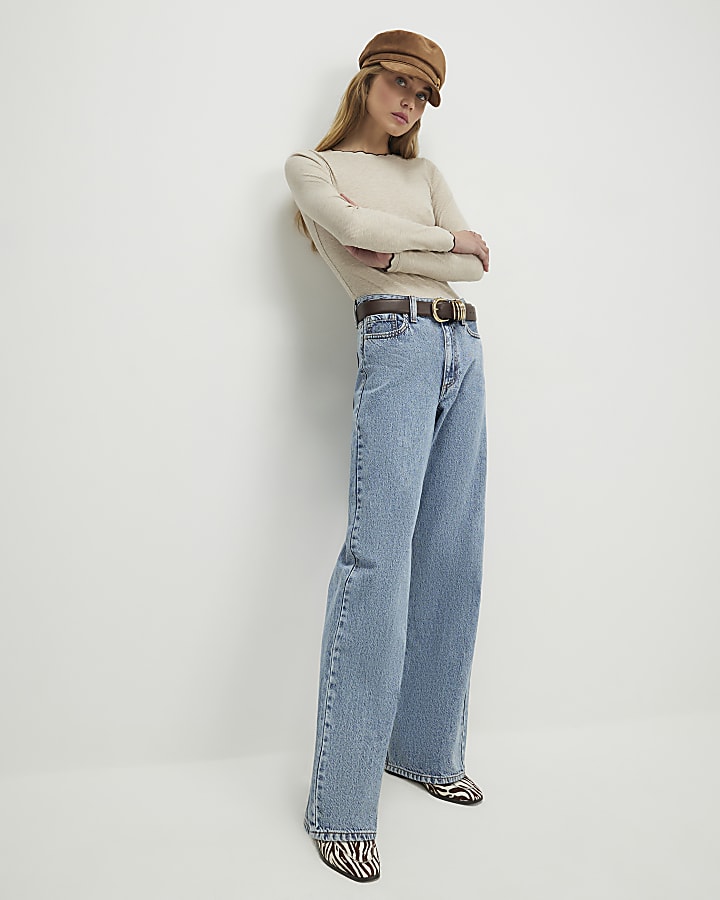 Beige Scallop Trim Long Sleeve Top