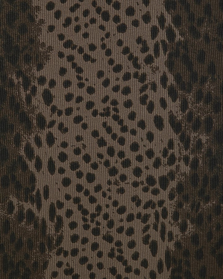Brown Long Sleeve Ribbed Animal Print Top