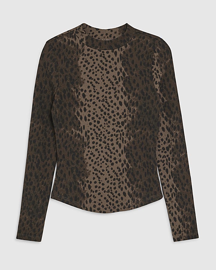 Brown Long Sleeve Ribbed Animal Print Top