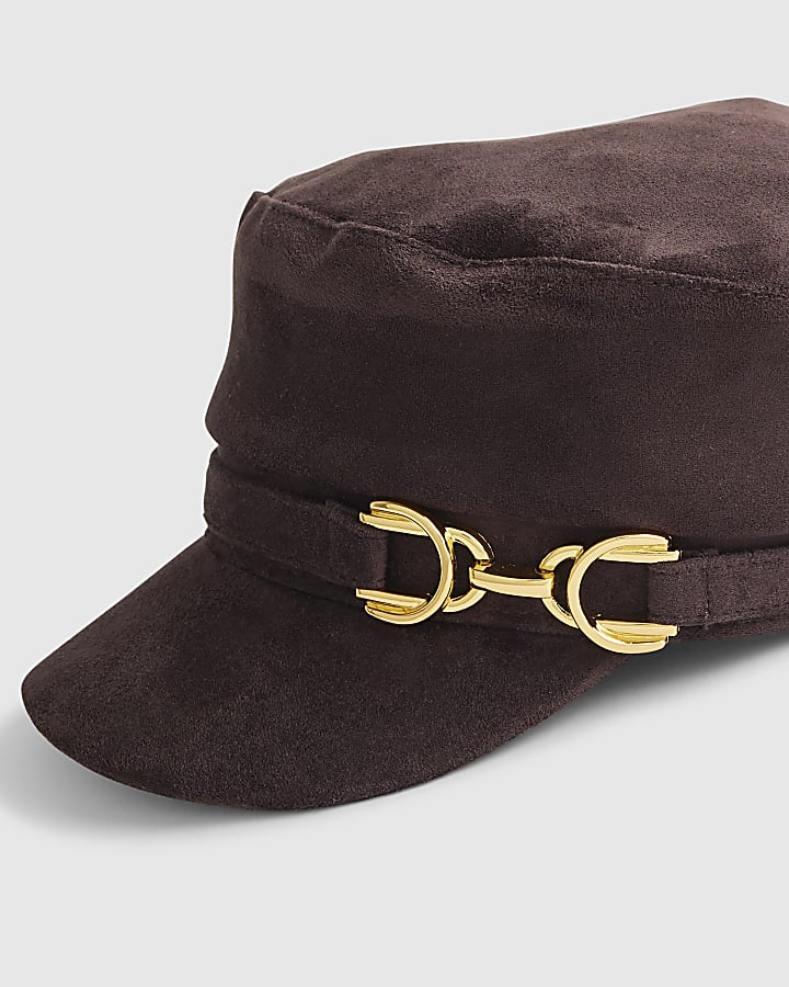Brown Faux Suede Snaffle Baker Boy Hat