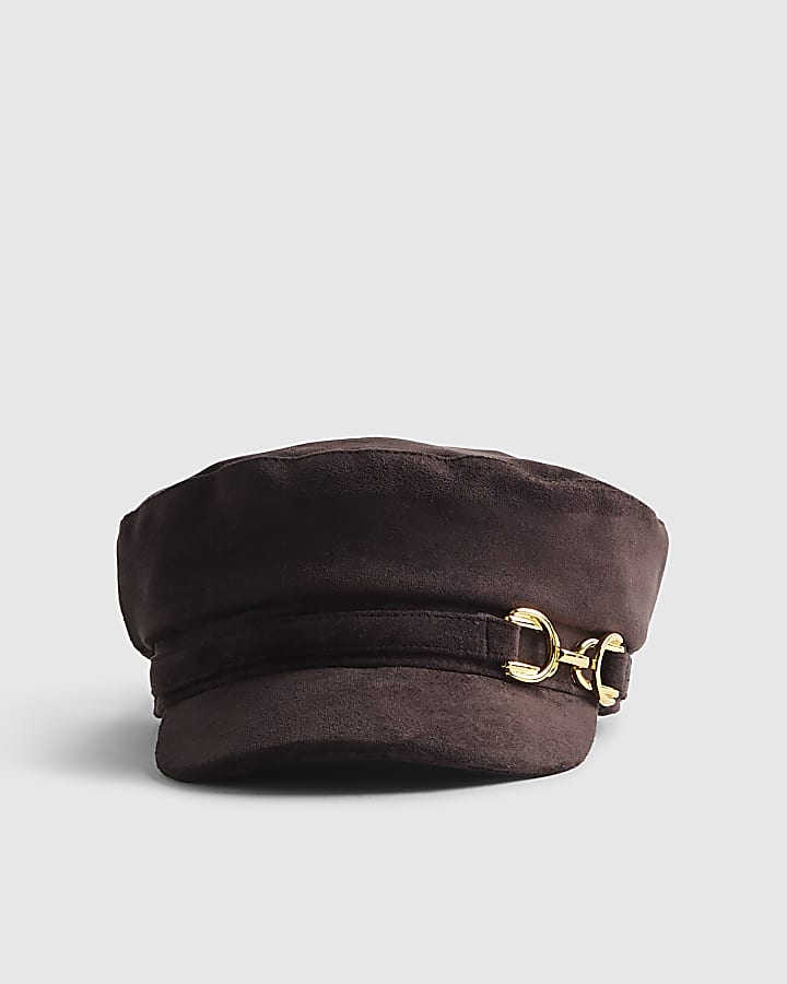 Brown Faux Suede Snaffle Baker Boy Hat