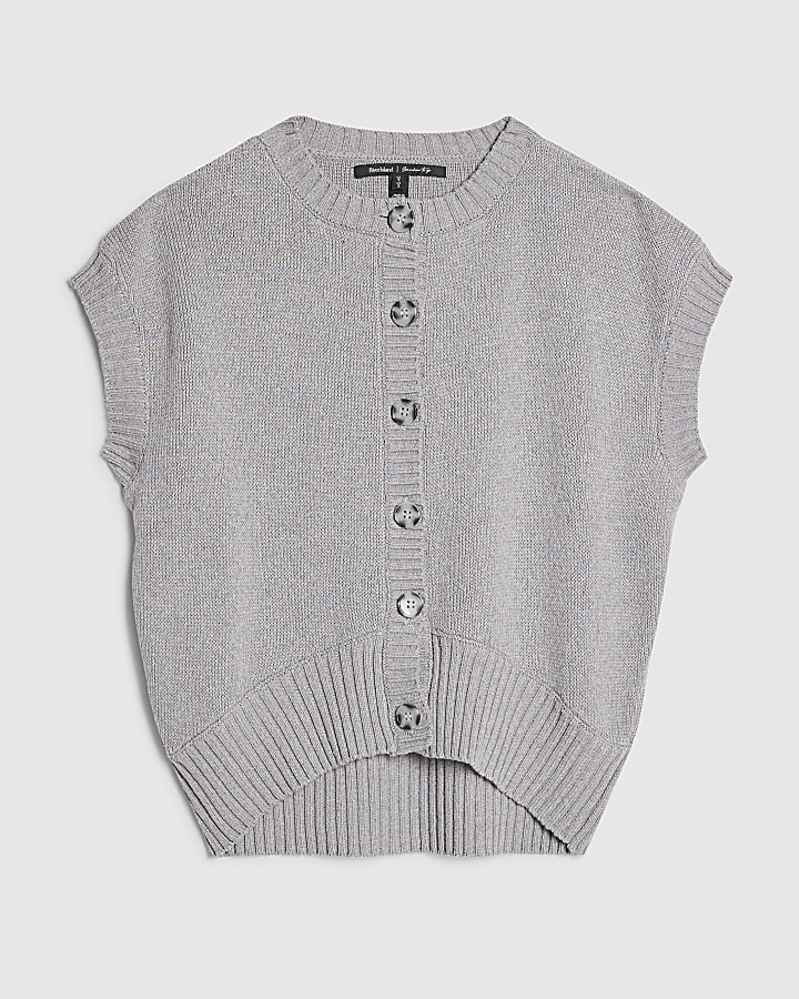 Grey Knitted Sleeveless Ribbed Hem Tank Top