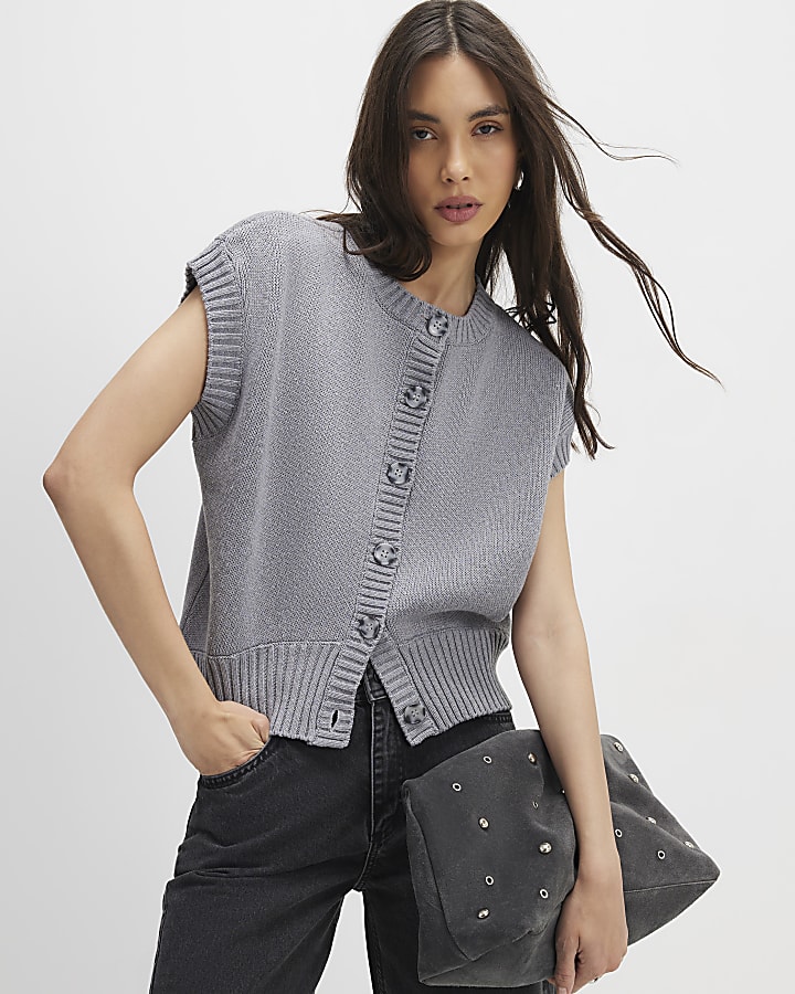 Grey Knitted Sleeveless Ribbed Hem Tank Top