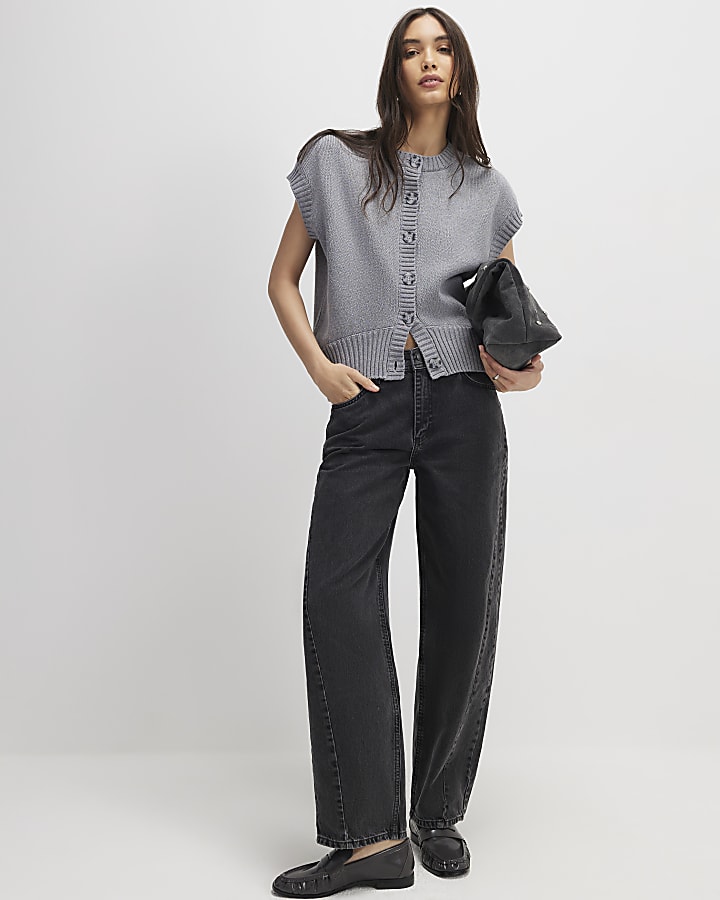 Grey Knitted Sleeveless Ribbed Hem Tank Top