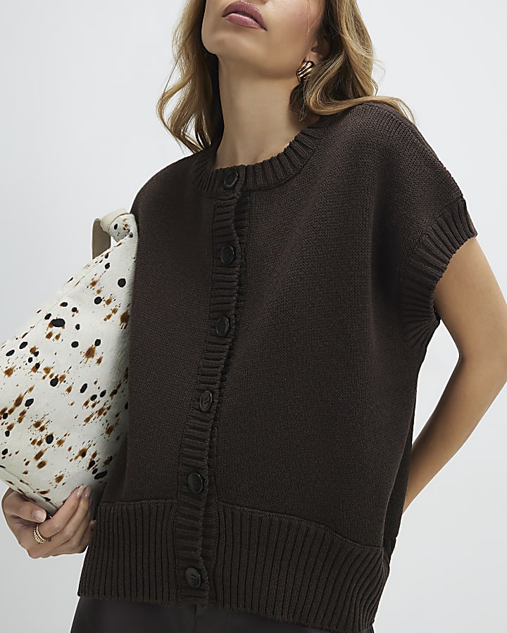 Brown Knitted Sleeveless Ribbed Hem Tank Top