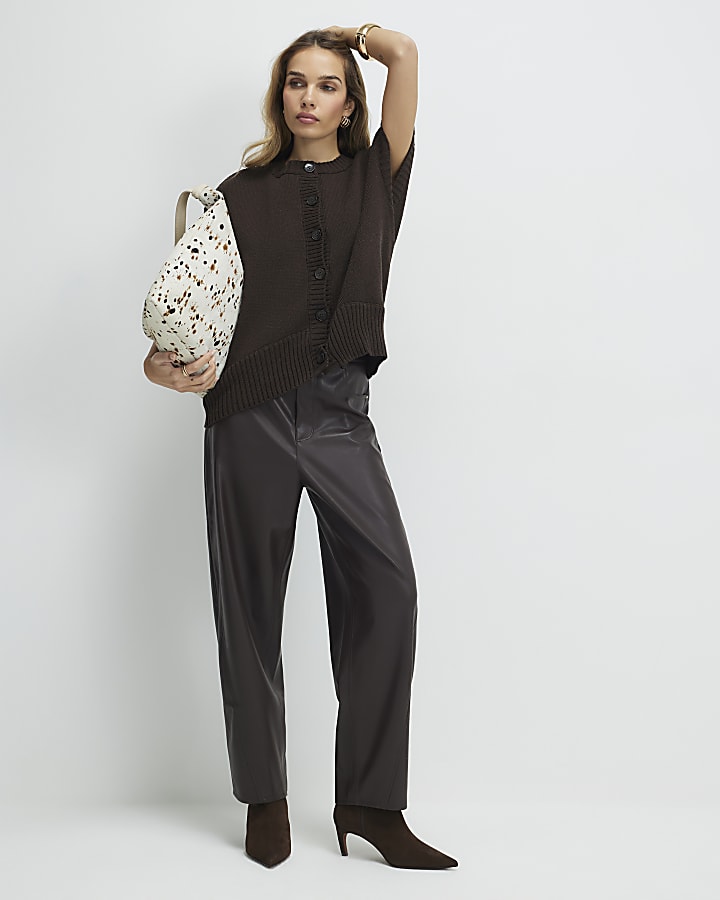 Brown Knitted Sleeveless Ribbed Hem Tank Top