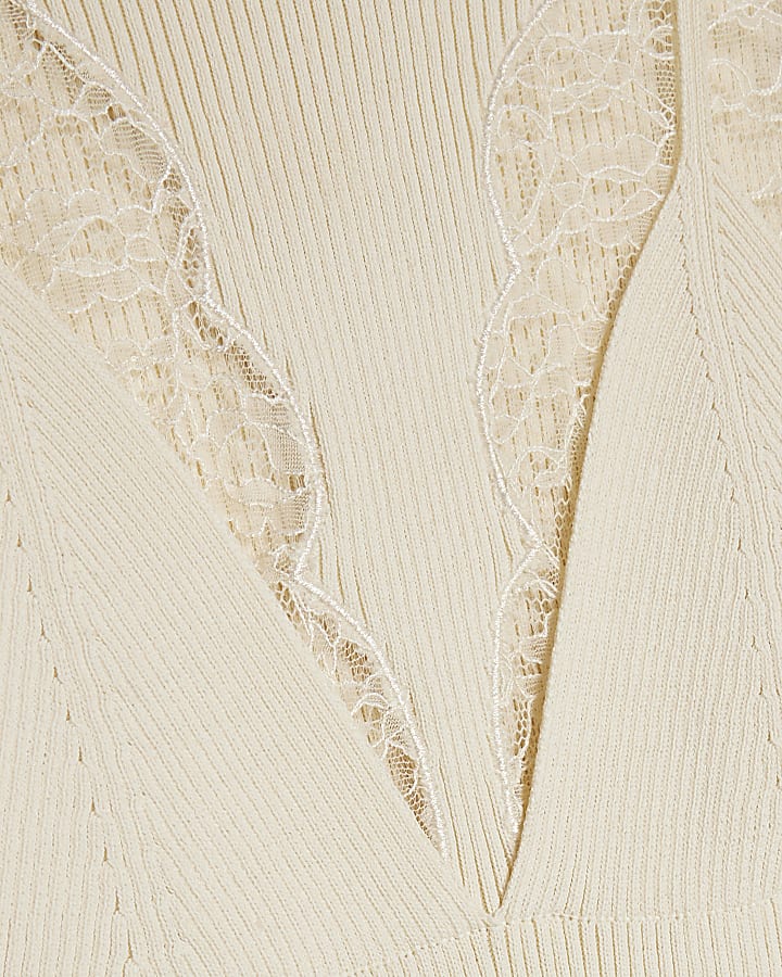 Cream Lace Insert Rib Midi Dress